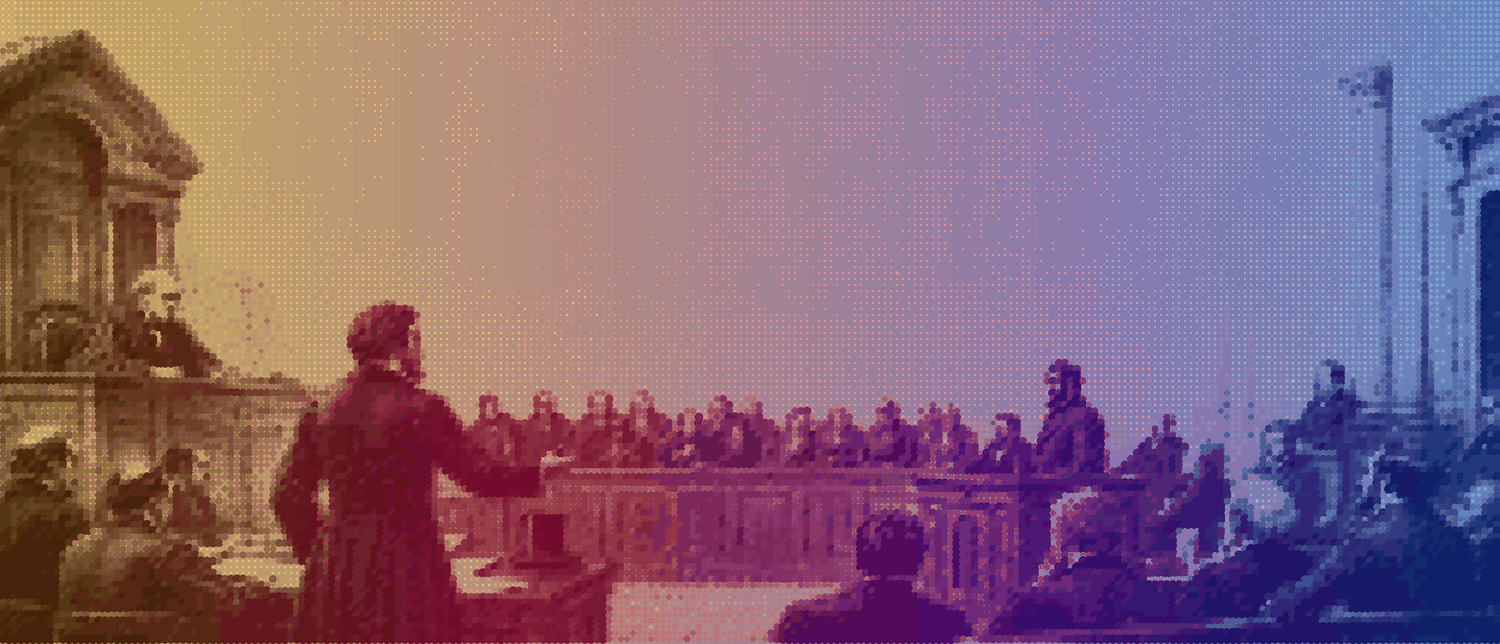 A nineteenth-century courtroom rendered as halftone dots: an advocate leaning across the bench with an arm thrown out, rows of spectators behind.